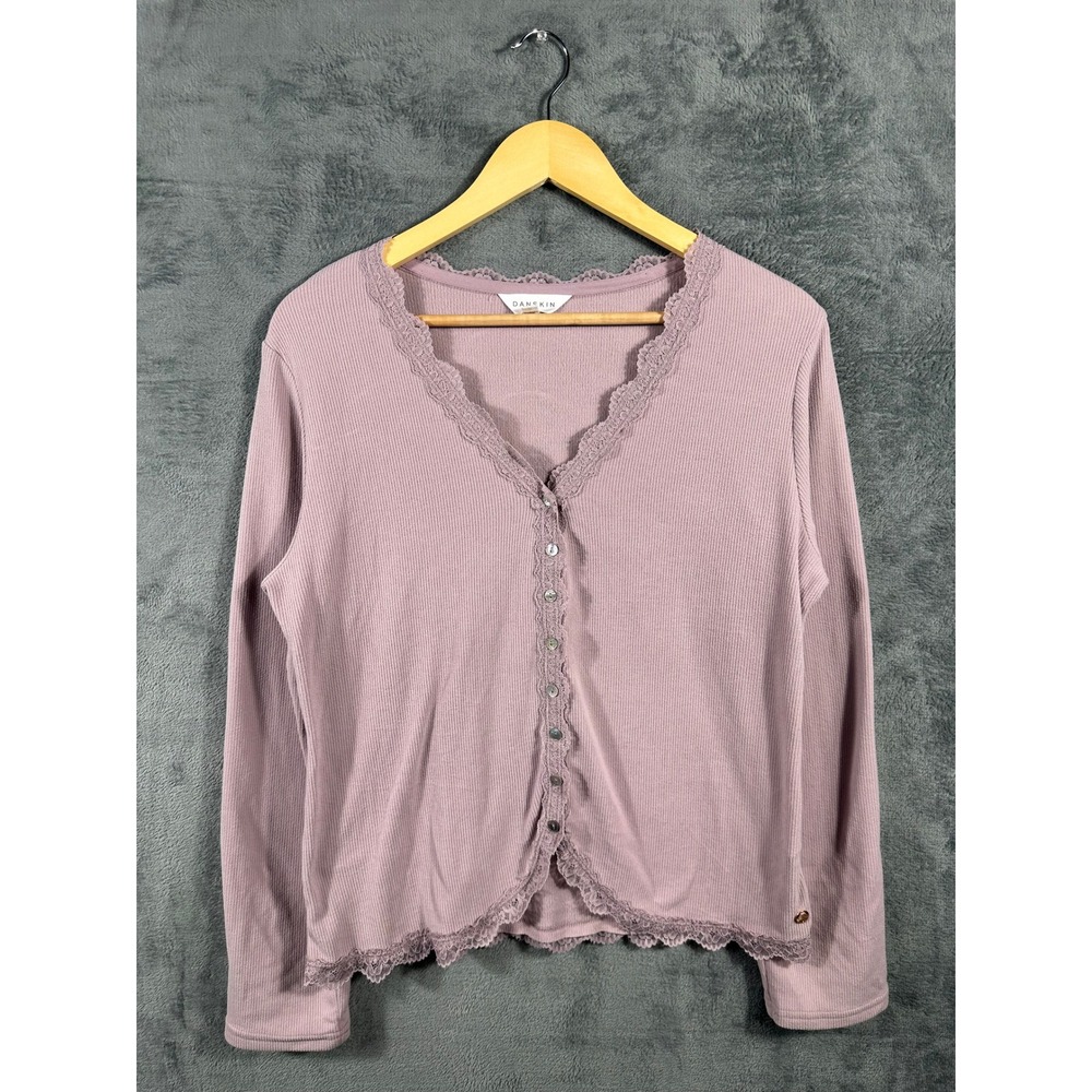 Danskin Womens Ribbed Lace Trim Cardigan Mauve Purple V-Neck Long Sleeve Large